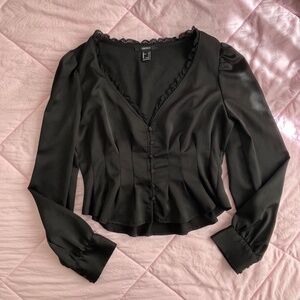 Black V-Neck Pleated Button Up Blouse w/ Lace Detail